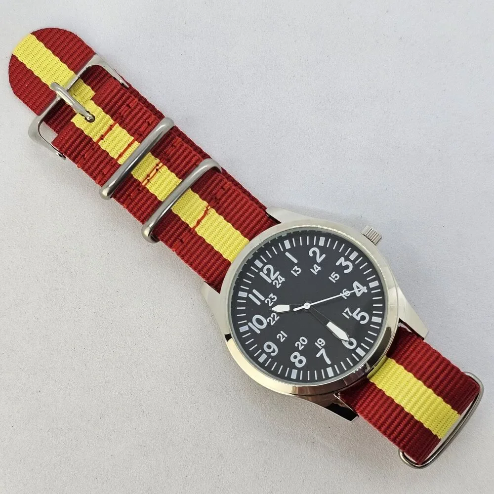 Men's 42MM Field Watch Black Dial‎ Gray Case Red Yellow Canvas Band Strap